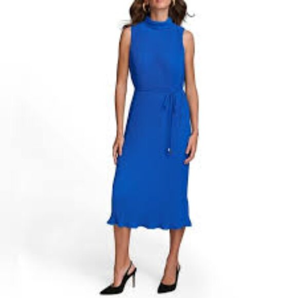 Donna Karan Sleeveless Mock Neck Tie Waist Pleated Midi Dress - Picture 1 of 4